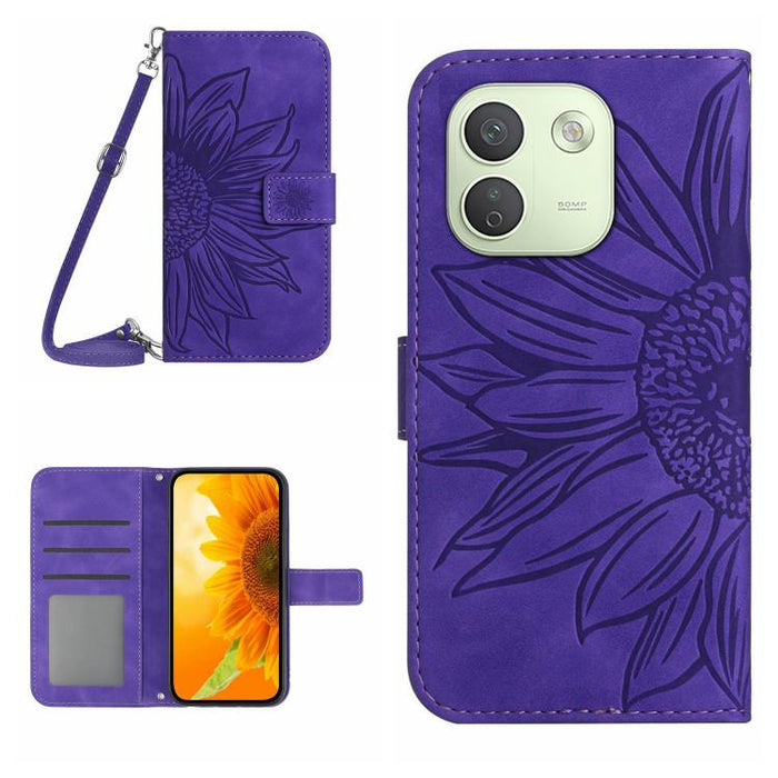 Funda de cuero con tapa para teléfono con diseño de girasol en relieve y cordón, For Redmi A7 Pro 171mm / Poco C85x 5G, For Redmi Note 15 Pro+ 5G Global 163.3mm, For Redmi Note 15 5G Global 164mm, For Redmi Note 15 Pro 4G Global 163.2mm                ...