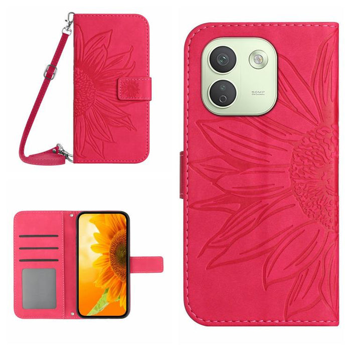 Funda de cuero con tapa para teléfono con diseño de girasol en relieve y cordón, For Redmi A7 Pro 171mm / Poco C85x 5G, For Redmi Note 15 Pro+ 5G Global 163.3mm, For Redmi Note 15 5G Global 164mm, For Redmi Note 15 Pro 4G Global 163.2mm                ...