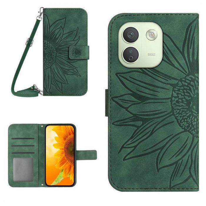 Funda de cuero con tapa para teléfono con diseño de girasol en relieve y cordón, For Redmi A7 Pro 171mm / Poco C85x 5G, For Redmi Note 15 Pro+ 5G Global 163.3mm, For Redmi Note 15 5G Global 164mm, For Redmi Note 15 Pro 4G Global 163.2mm                ...