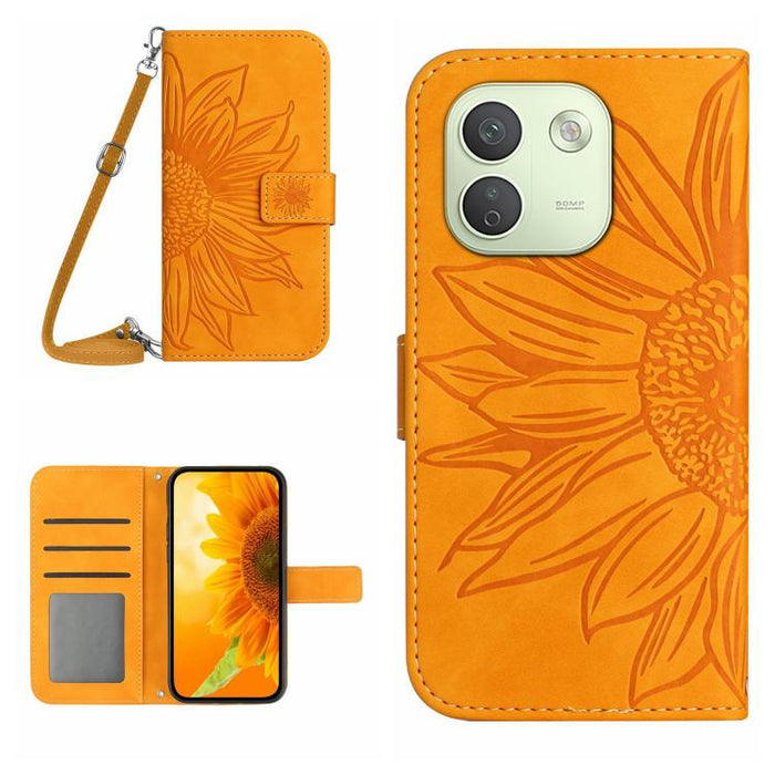 Funda de cuero con tapa para teléfono con diseño de girasol en relieve y cordón, For Redmi A7 Pro 171mm / Poco C85x 5G, For Redmi Note 15 Pro+ 5G Global 163.3mm, For Redmi Note 15 5G Global 164mm, For Redmi Note 15 Pro 4G Global 163.2mm                ...