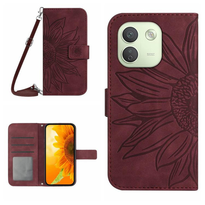 Funda de cuero con tapa para teléfono con diseño de girasol en relieve y cordón, For Redmi A7 Pro 171mm / Poco C85x 5G, For Redmi Note 15 Pro+ 5G Global 163.3mm, For Redmi Note 15 5G Global 164mm, For Redmi Note 15 Pro 4G Global 163.2mm                ...