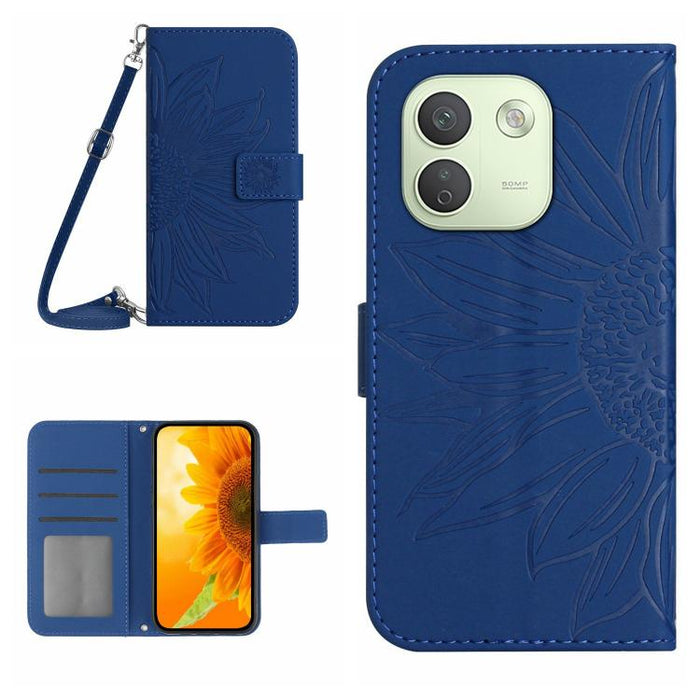Funda de cuero con tapa para teléfono con diseño de girasol en relieve y cordón, For Redmi A7 Pro 171mm / Poco C85x 5G, For Redmi Note 15 Pro+ 5G Global 163.3mm, For Redmi Note 15 5G Global 164mm, For Redmi Note 15 Pro 4G Global 163.2mm                ...