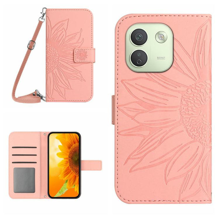 Funda de cuero con tapa para teléfono con diseño de girasol en relieve y cordón, For Redmi A7 Pro 171mm / Poco C85x 5G, For Redmi Note 15 Pro+ 5G Global 163.3mm, For Redmi Note 15 5G Global 164mm, For Redmi Note 15 Pro 4G Global 163.2mm                ...
