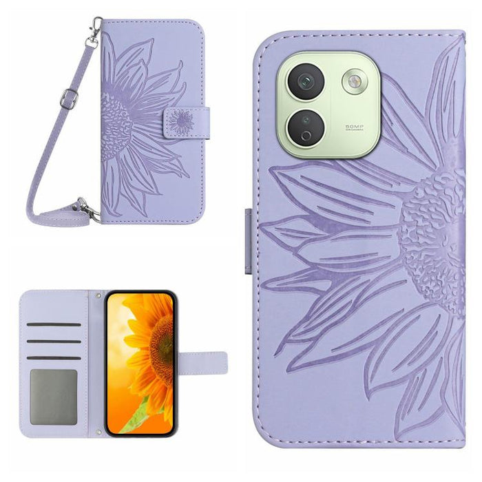 Funda de cuero con tapa para teléfono con diseño de girasol en relieve y cordón, For Redmi A7 Pro 171mm / Poco C85x 5G, For Redmi Note 15 Pro+ 5G Global 163.3mm, For Redmi Note 15 5G Global 164mm, For Redmi Note 15 Pro 4G Global 163.2mm                ...