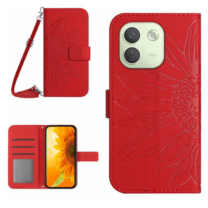 Funda de cuero con tapa para teléfono con diseño de girasol en relieve y cordón, For Redmi A7 Pro 171mm / Poco C85x 5G, For Redmi Note 15 Pro+ 5G Global 163.3mm, For Redmi Note 15 5G Global 164mm, For Redmi Note 15 Pro 4G Global 163.2mm                ...