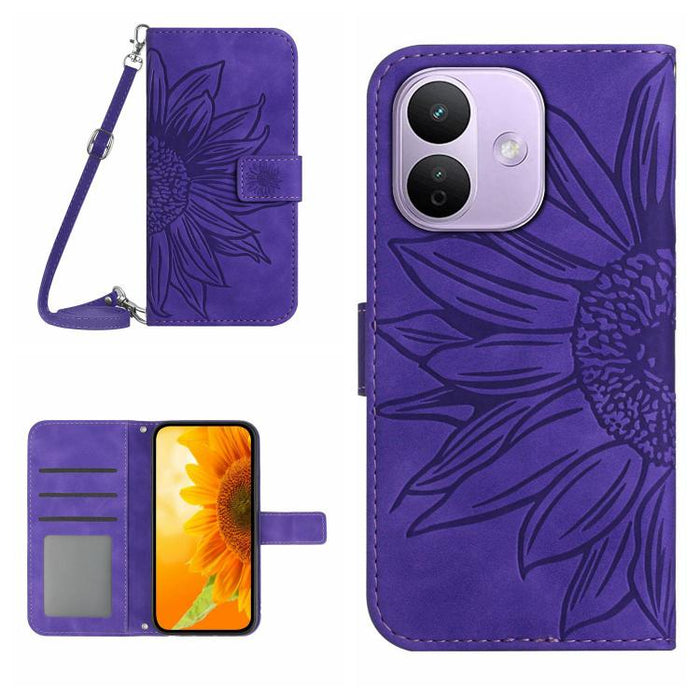 Funda de cuero con tapa para teléfono con diseño de girasol en relieve y cordón, For Redmi A7 Pro 171mm / Poco C85x 5G, For Redmi Note 15 Pro+ 5G Global 163.3mm, For Redmi Note 15 5G Global 164mm, For Redmi Note 15 Pro 4G Global 163.2mm                ...