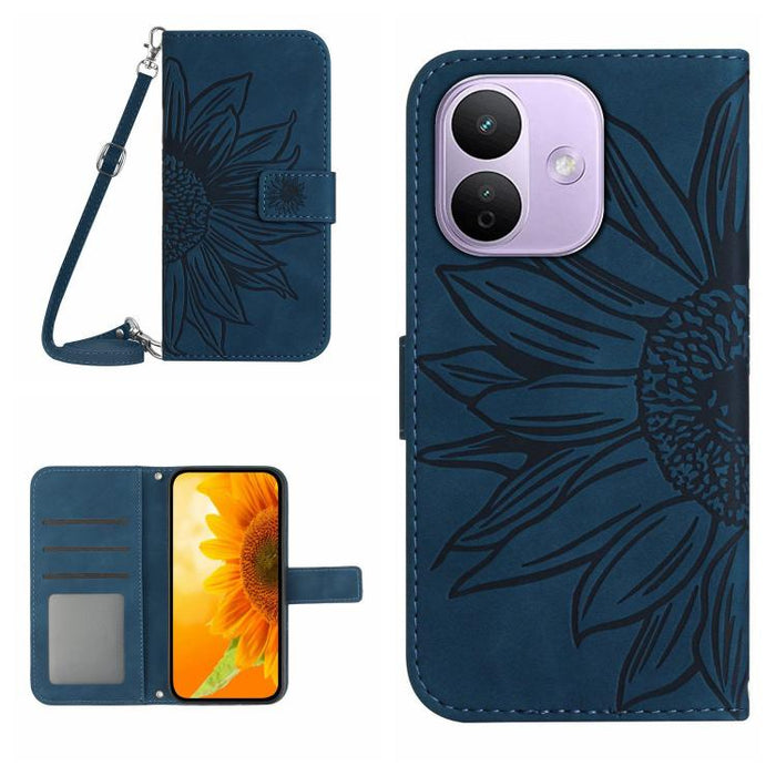 Funda de cuero con tapa para teléfono con diseño de girasol en relieve y cordón, For Redmi A7 Pro 171mm / Poco C85x 5G, For Redmi Note 15 Pro+ 5G Global 163.3mm, For Redmi Note 15 5G Global 164mm, For Redmi Note 15 Pro 4G Global 163.2mm                ...