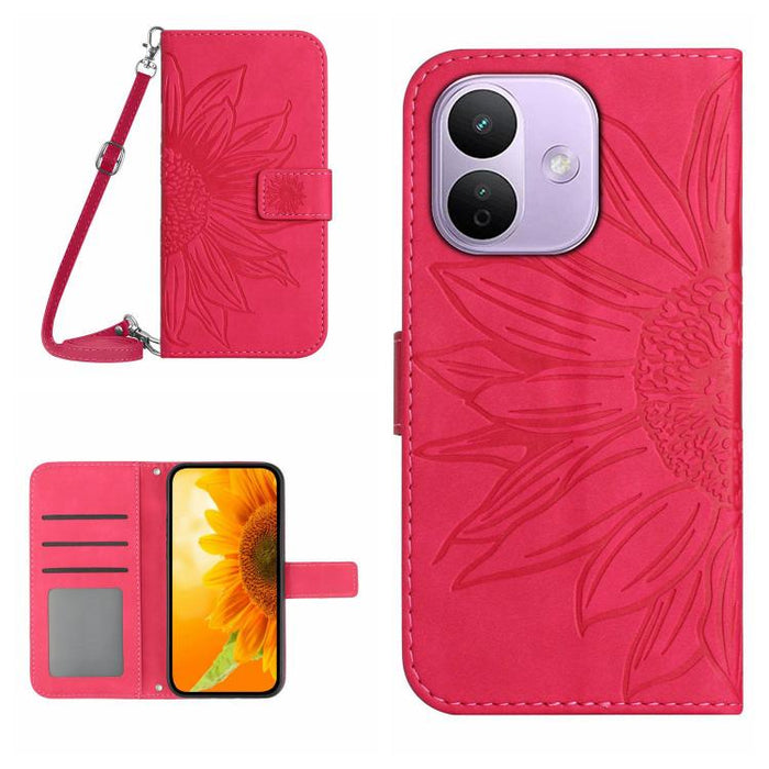 Funda de cuero con tapa para teléfono con diseño de girasol en relieve y cordón, For Redmi A7 Pro 171mm / Poco C85x 5G, For Redmi Note 15 Pro+ 5G Global 163.3mm, For Redmi Note 15 5G Global 164mm, For Redmi Note 15 Pro 4G Global 163.2mm                ...
