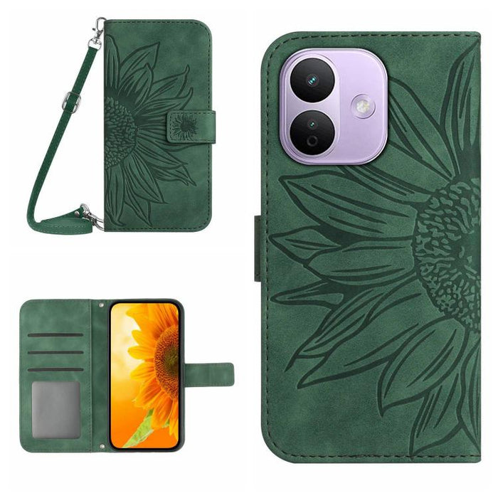 Funda de cuero con tapa para teléfono con diseño de girasol en relieve y cordón, For Redmi A7 Pro 171mm / Poco C85x 5G, For Redmi Note 15 Pro+ 5G Global 163.3mm, For Redmi Note 15 5G Global 164mm, For Redmi Note 15 Pro 4G Global 163.2mm                ...