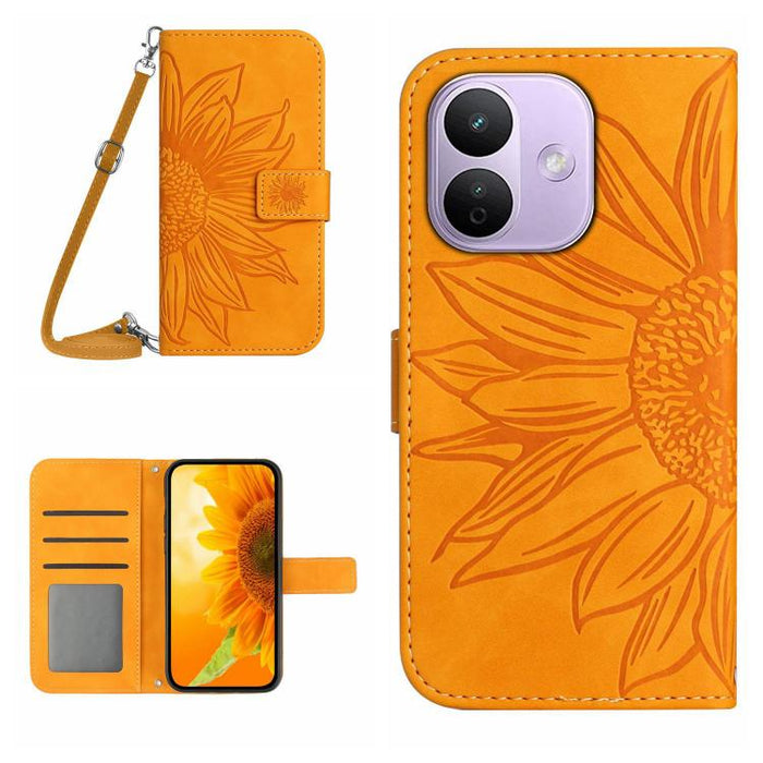 Funda de cuero con tapa para teléfono con diseño de girasol en relieve y cordón, For Redmi A7 Pro 171mm / Poco C85x 5G, For Redmi Note 15 Pro+ 5G Global 163.3mm, For Redmi Note 15 5G Global 164mm, For Redmi Note 15 Pro 4G Global 163.2mm                ...