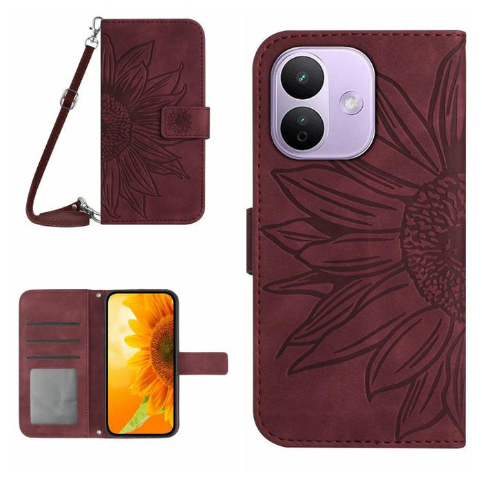 Funda de cuero con tapa para teléfono con diseño de girasol en relieve y cordón, For Redmi A7 Pro 171mm / Poco C85x 5G, For Redmi Note 15 Pro+ 5G Global 163.3mm, For Redmi Note 15 5G Global 164mm, For Redmi Note 15 Pro 4G Global 163.2mm                ...