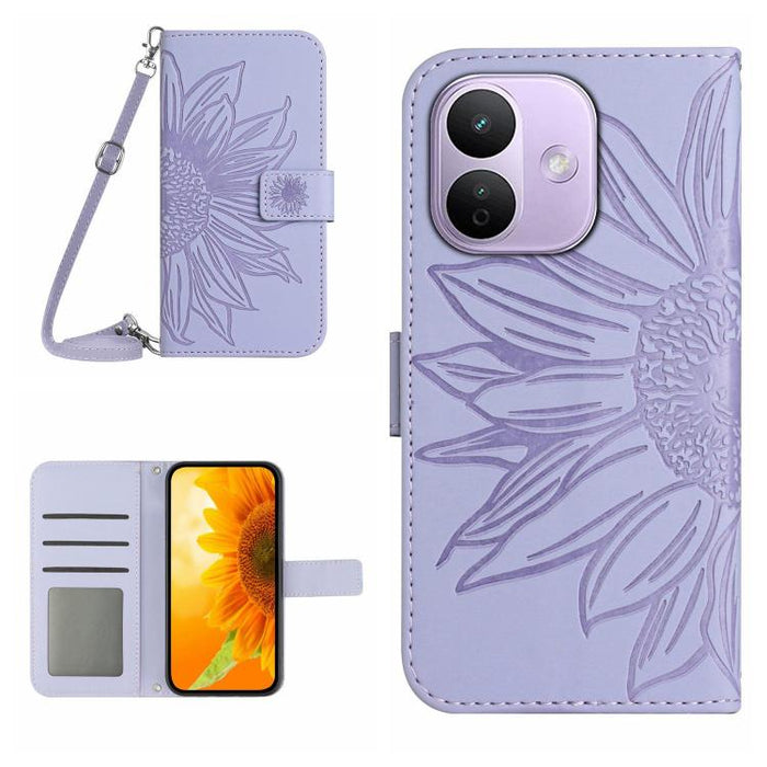 Funda de cuero con tapa para teléfono con diseño de girasol en relieve y cordón, For Redmi A7 Pro 171mm / Poco C85x 5G, For Redmi Note 15 Pro+ 5G Global 163.3mm, For Redmi Note 15 5G Global 164mm, For Redmi Note 15 Pro 4G Global 163.2mm                ...