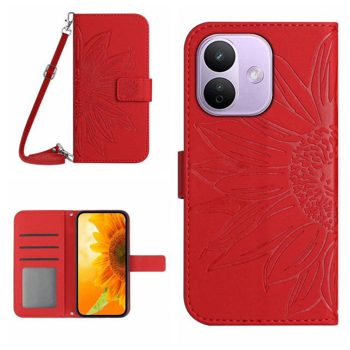 Funda de cuero con tapa para teléfono con diseño de girasol en relieve y cordón, For Redmi A7 Pro 171mm / Poco C85x 5G, For Redmi Note 15 Pro+ 5G Global 163.3mm, For Redmi Note 15 5G Global 164mm, For Redmi Note 15 Pro 4G Global 163.2mm                ...