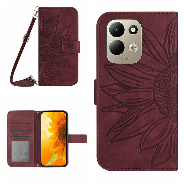 Funda de cuero con tapa para teléfono con diseño de girasol en relieve y cordón, For Redmi A7 Pro 171mm / Poco C85x 5G, For Redmi Note 15 Pro+ 5G Global 163.3mm, For Redmi Note 15 5G Global 164mm, For Redmi Note 15 Pro 4G Global 163.2mm                ...