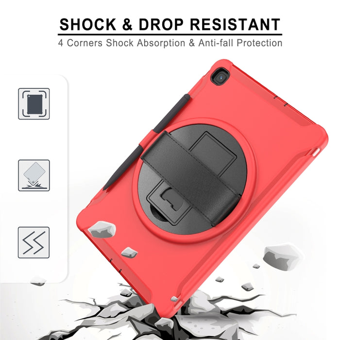 Cubierta protectora de PC + TPU con rotación de 360 grados con soporte, correa de mano y ranura para bolígrafo