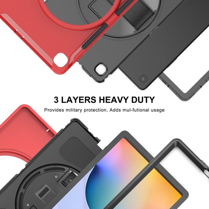 Cubierta protectora de PC + TPU con rotación de 360 grados con soporte, correa de mano y ranura para bolígrafo