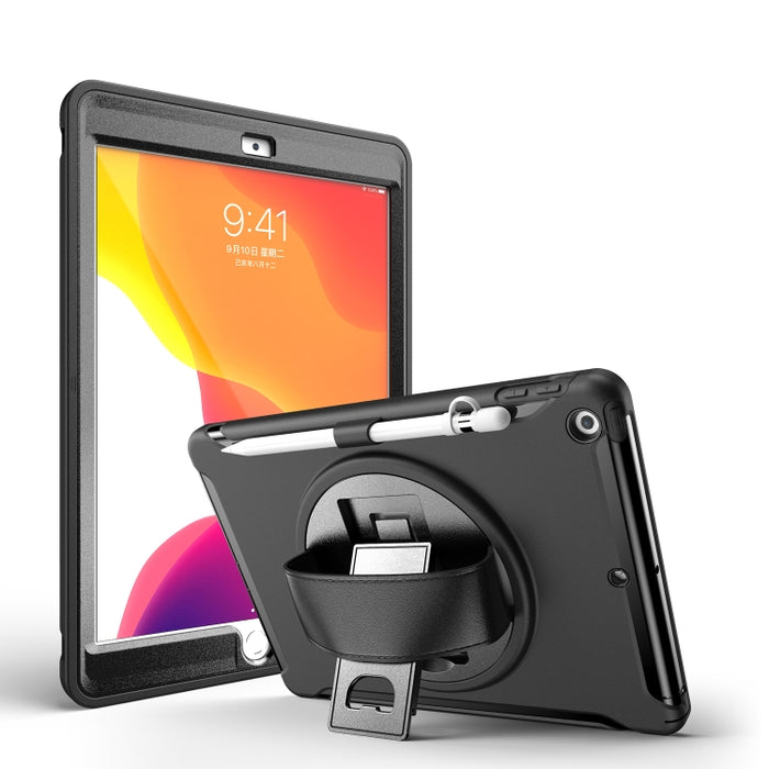 Cubierta protectora de PC + TPU con rotación de 360 grados con soporte, correa de mano y ranura para bolígrafo