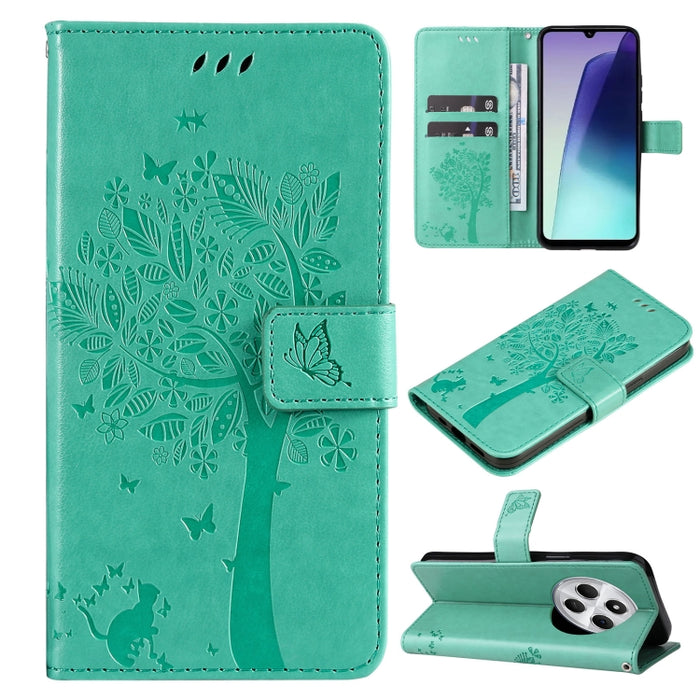 Funda de cuero con tapa para teléfono con estampado en relieve de árbol y gato, For Redmi A5 4G 173.3mm, For Redmi Note 14S 4G / Note 13 Pro 4G, For Redmi K80 / K80 Pro, For Redmi Note 14 4G Global 163.25mm, For Redmi Note 14 5G                        ...