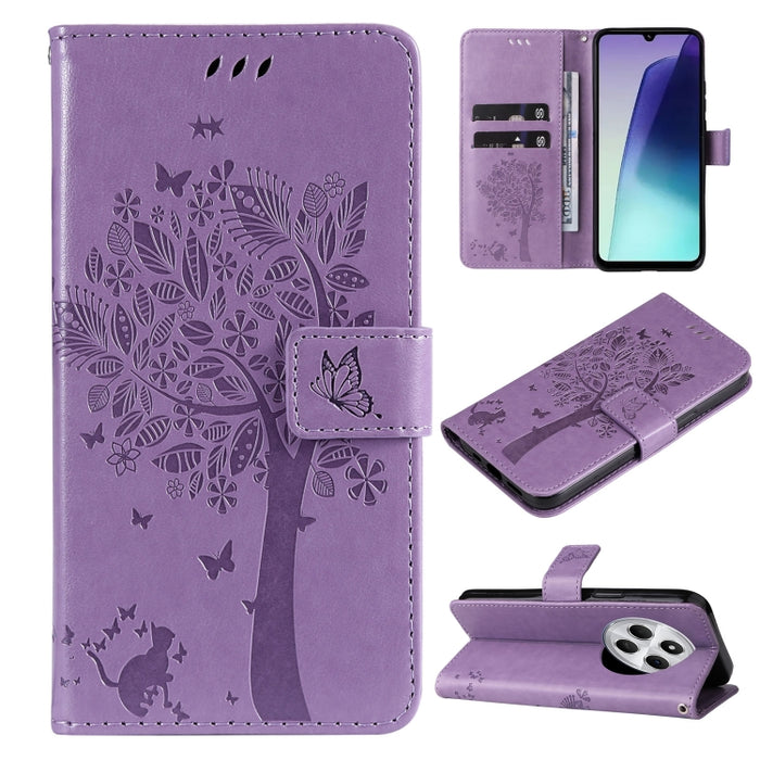 Funda de cuero con tapa para teléfono con estampado en relieve de árbol y gato, For Redmi A5 4G 173.3mm, For Redmi Note 14S 4G / Note 13 Pro 4G, For Redmi K80 / K80 Pro, For Redmi Note 14 4G Global 163.25mm, For Redmi Note 14 5G                        ...