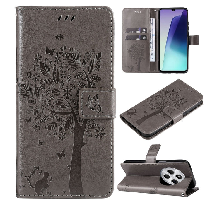 Funda de cuero con tapa para teléfono con estampado en relieve de árbol y gato, For Redmi A5 4G 173.3mm, For Redmi Note 14S 4G / Note 13 Pro 4G, For Redmi K80 / K80 Pro, For Redmi Note 14 4G Global 163.25mm, For Redmi Note 14 5G                        ...