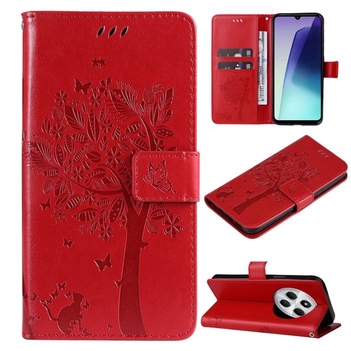 Funda de cuero con tapa para teléfono con estampado en relieve de árbol y gato, For Redmi A5 4G 173.3mm, For Redmi Note 14S 4G / Note 13 Pro 4G, For Redmi K80 / K80 Pro, For Redmi Note 14 4G Global 163.25mm, For Redmi Note 14 5G                        ...
