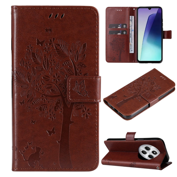 Funda de cuero con tapa para teléfono con estampado en relieve de árbol y gato, For Redmi A5 4G 173.3mm, For Redmi Note 14S 4G / Note 13 Pro 4G, For Redmi K80 / K80 Pro, For Redmi Note 14 4G Global 163.25mm, For Redmi Note 14 5G                        ...