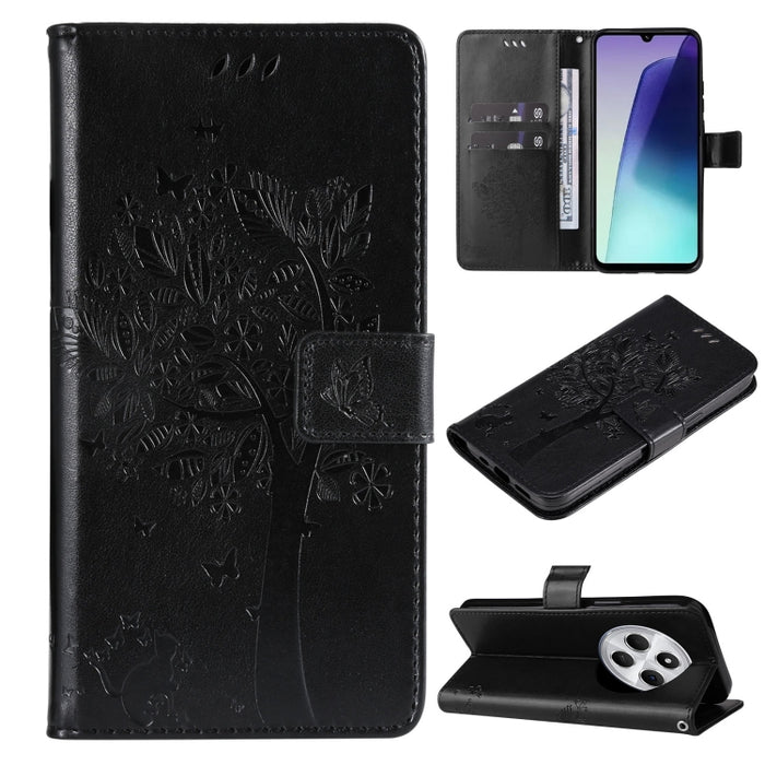 Funda de cuero con tapa para teléfono con estampado en relieve de árbol y gato, For Redmi A5 4G 173.3mm, For Redmi Note 14S 4G / Note 13 Pro 4G, For Redmi K80 / K80 Pro, For Redmi Note 14 4G Global 163.25mm, For Redmi Note 14 5G                        ...