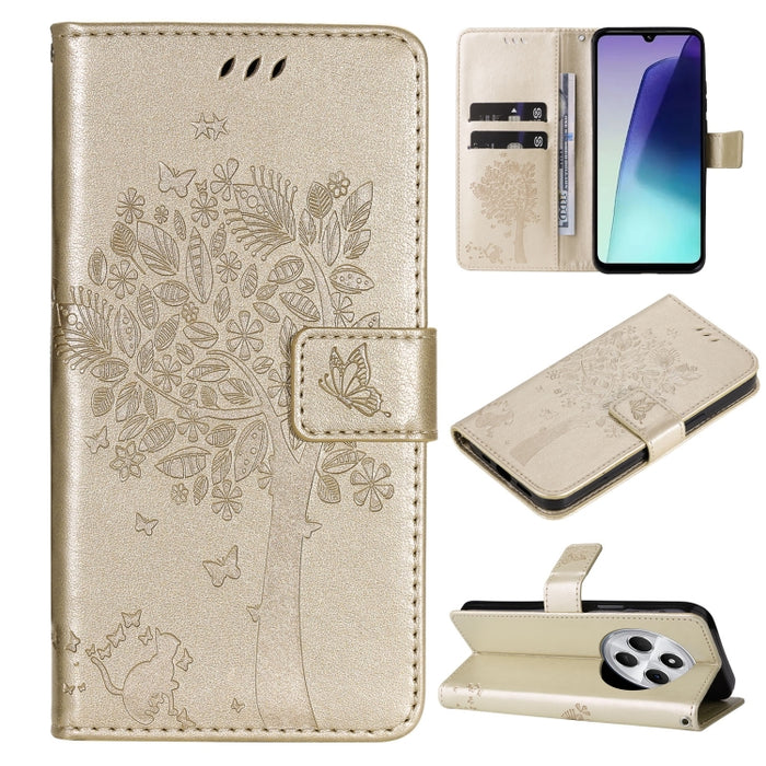 Funda de cuero con tapa para teléfono con estampado en relieve de árbol y gato, For Redmi A5 4G 173.3mm, For Redmi Note 14S 4G / Note 13 Pro 4G, For Redmi K80 / K80 Pro, For Redmi Note 14 4G Global 163.25mm, For Redmi Note 14 5G                        ...