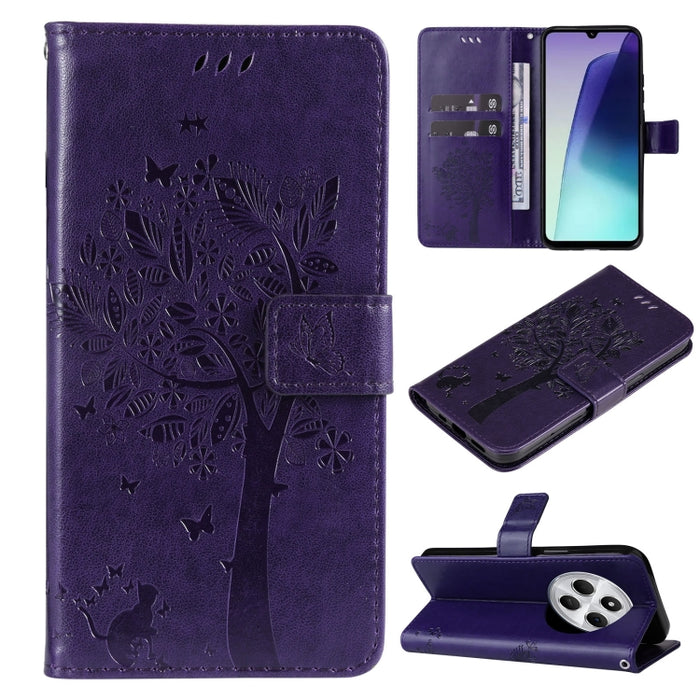Funda de cuero con tapa para teléfono con estampado en relieve de árbol y gato, For Redmi A5 4G 173.3mm, For Redmi Note 14S 4G / Note 13 Pro 4G, For Redmi K80 / K80 Pro, For Redmi Note 14 4G Global 163.25mm, For Redmi Note 14 5G                        ...