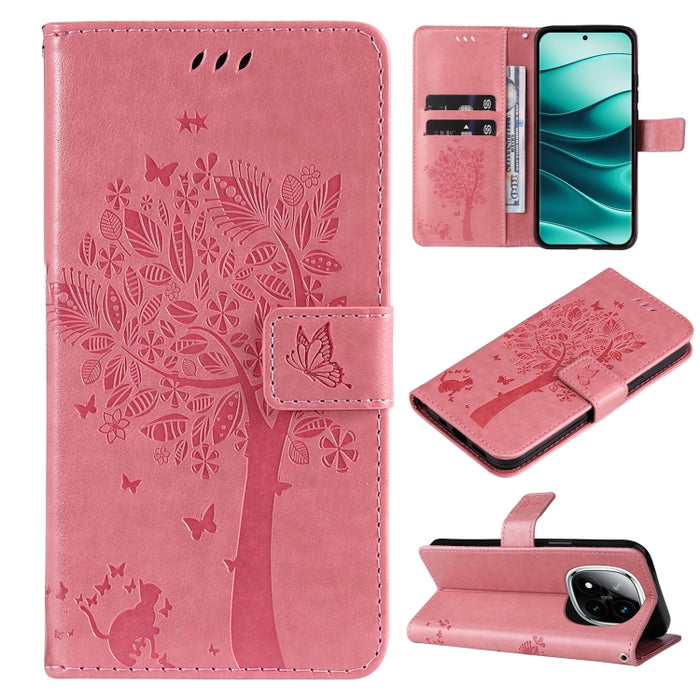 Funda de cuero con tapa para teléfono con estampado en relieve de árbol y gato, For Redmi A5 4G 173.3mm, For Redmi Note 14S 4G / Note 13 Pro 4G, For Redmi K80 / K80 Pro, For Redmi Note 14 4G Global 163.25mm, For Redmi Note 14 5G                        ...