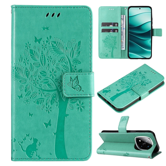 Funda de cuero con tapa para teléfono con estampado en relieve de árbol y gato, For Redmi A5 4G 173.3mm, For Redmi Note 14S 4G / Note 13 Pro 4G, For Redmi K80 / K80 Pro, For Redmi Note 14 4G Global 163.25mm, For Redmi Note 14 5G                        ...