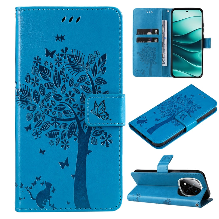 Funda de cuero con tapa para teléfono con estampado en relieve de árbol y gato, For Redmi A5 4G 173.3mm, For Redmi Note 14S 4G / Note 13 Pro 4G, For Redmi K80 / K80 Pro, For Redmi Note 14 4G Global 163.25mm, For Redmi Note 14 5G                        ...