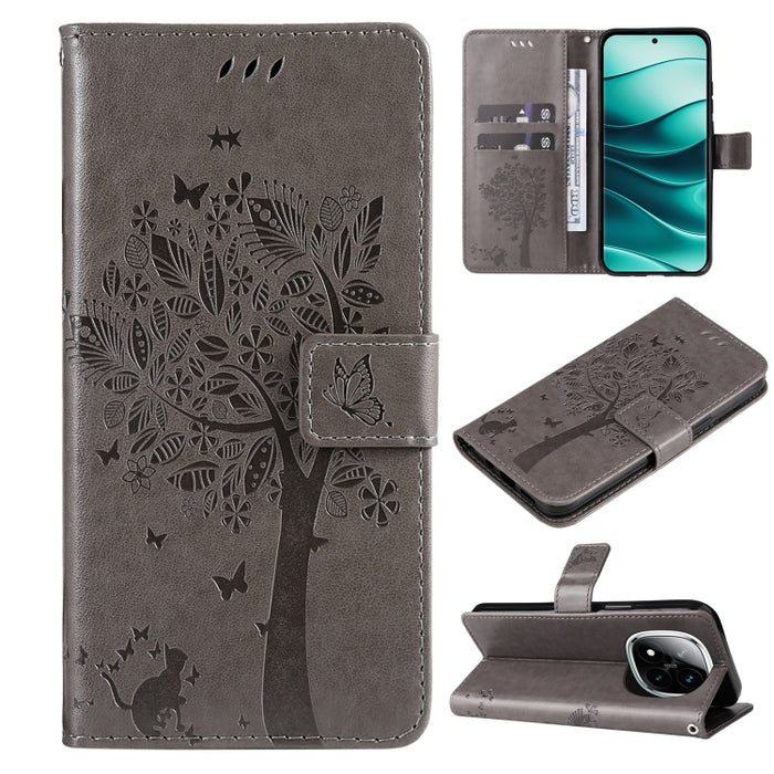 Funda de cuero con tapa para teléfono con estampado en relieve de árbol y gato, For Redmi A5 4G 173.3mm, For Redmi Note 14S 4G / Note 13 Pro 4G, For Redmi K80 / K80 Pro, For Redmi Note 14 4G Global 163.25mm, For Redmi Note 14 5G                        ...