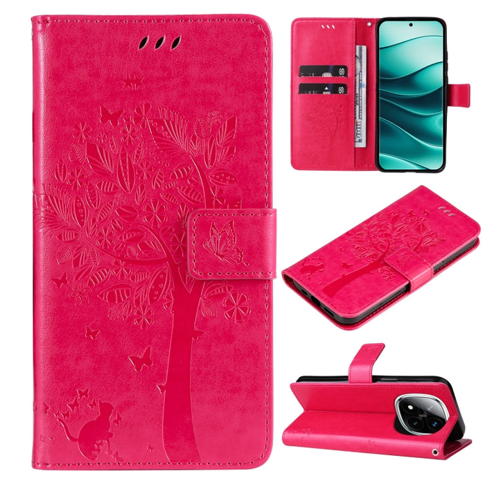 Funda de cuero con tapa para teléfono con estampado en relieve de árbol y gato, For Redmi A5 4G 173.3mm, For Redmi Note 14S 4G / Note 13 Pro 4G, For Redmi K80 / K80 Pro, For Redmi Note 14 4G Global 163.25mm, For Redmi Note 14 5G                        ...