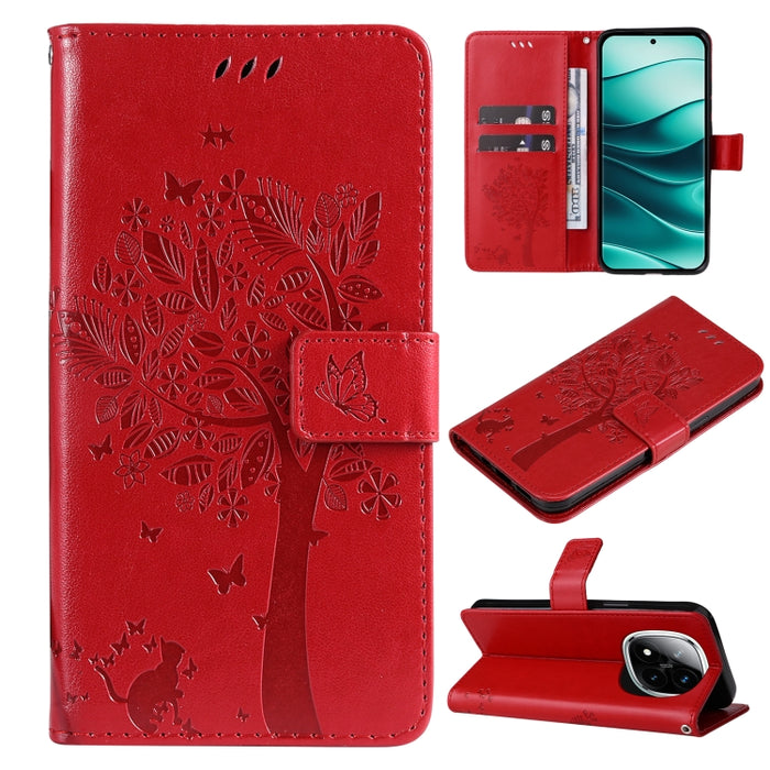 Funda de cuero con tapa para teléfono con estampado en relieve de árbol y gato, For Redmi A5 4G 173.3mm, For Redmi Note 14S 4G / Note 13 Pro 4G, For Redmi K80 / K80 Pro, For Redmi Note 14 4G Global 163.25mm, For Redmi Note 14 5G                        ...