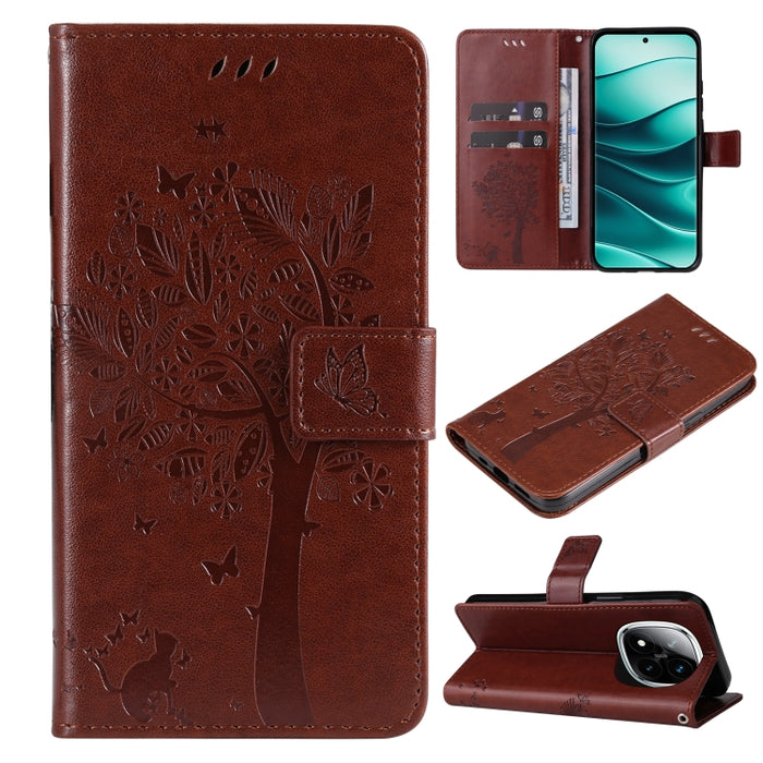 Funda de cuero con tapa para teléfono con estampado en relieve de árbol y gato, For Redmi A5 4G 173.3mm, For Redmi Note 14S 4G / Note 13 Pro 4G, For Redmi K80 / K80 Pro, For Redmi Note 14 4G Global 163.25mm, For Redmi Note 14 5G                        ...