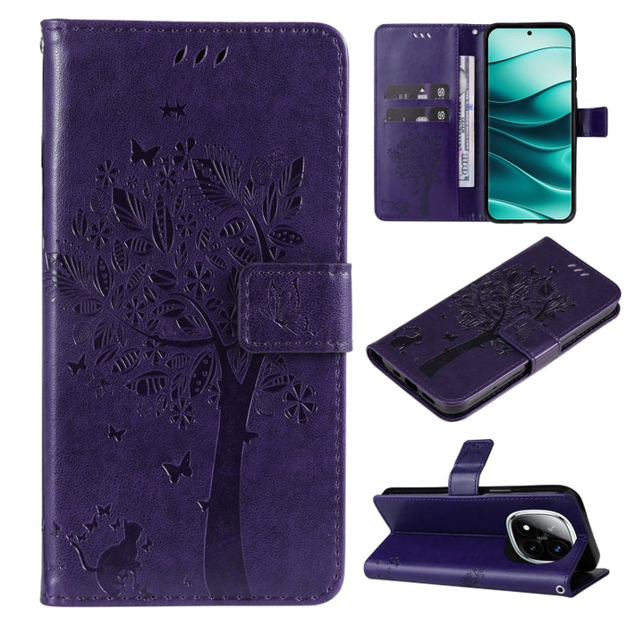 Funda de cuero con tapa para teléfono con estampado en relieve de árbol y gato, For Redmi A5 4G 173.3mm, For Redmi Note 14S 4G / Note 13 Pro 4G, For Redmi K80 / K80 Pro, For Redmi Note 14 4G Global 163.25mm, For Redmi Note 14 5G                        ...