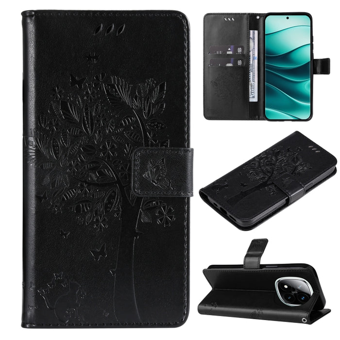 Funda de cuero con tapa para teléfono con estampado en relieve de árbol y gato, For Redmi A5 4G 173.3mm, For Redmi Note 14S 4G / Note 13 Pro 4G, For Redmi K80 / K80 Pro, For Redmi Note 14 4G Global 163.25mm, For Redmi Note 14 5G                        ...