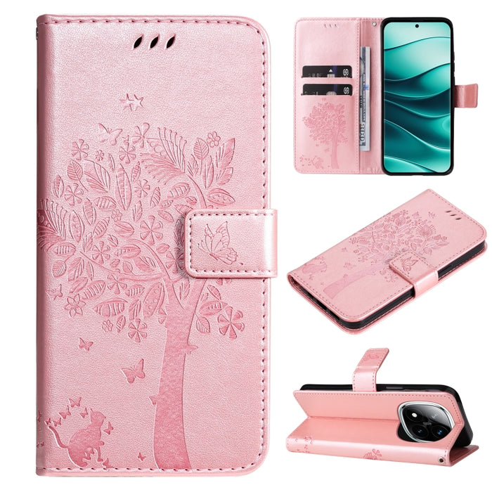 Funda de cuero con tapa para teléfono con estampado en relieve de árbol y gato, For Redmi A5 4G 173.3mm, For Redmi Note 14S 4G / Note 13 Pro 4G, For Redmi K80 / K80 Pro, For Redmi Note 14 4G Global 163.25mm, For Redmi Note 14 5G                        ...