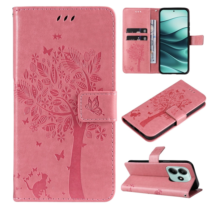 Funda de cuero con tapa para teléfono con estampado en relieve de árbol y gato, For Redmi A5 4G 173.3mm, For Redmi Note 14S 4G / Note 13 Pro 4G, For Redmi K80 / K80 Pro, For Redmi Note 14 4G Global 163.25mm, For Redmi Note 14 5G                        ...