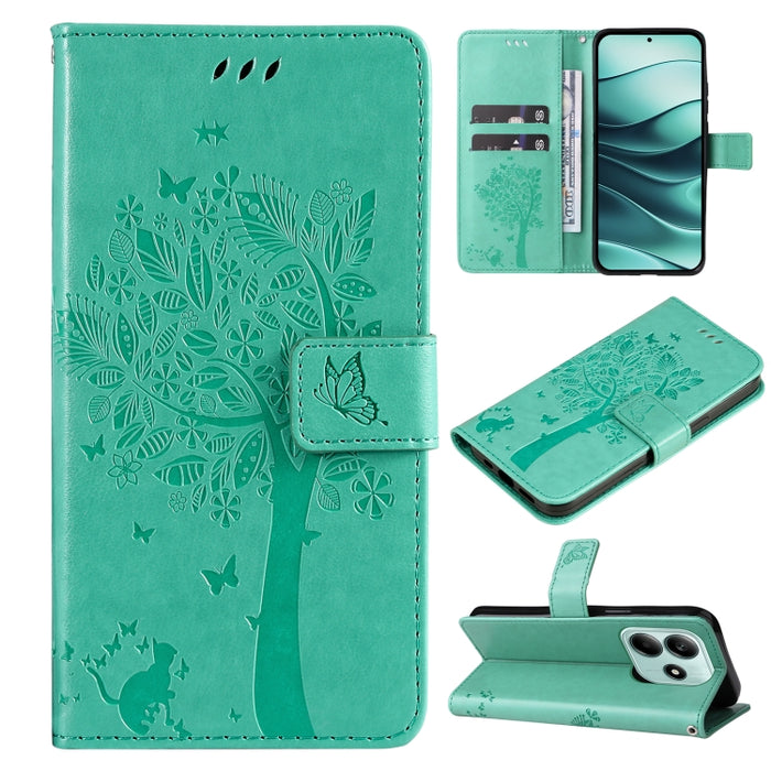 Funda de cuero con tapa para teléfono con estampado en relieve de árbol y gato, For Redmi A5 4G 173.3mm, For Redmi Note 14S 4G / Note 13 Pro 4G, For Redmi K80 / K80 Pro, For Redmi Note 14 4G Global 163.25mm, For Redmi Note 14 5G                        ...