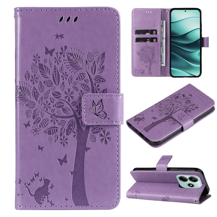 Funda de cuero con tapa para teléfono con estampado en relieve de árbol y gato, For Redmi A5 4G 173.3mm, For Redmi Note 14S 4G / Note 13 Pro 4G, For Redmi K80 / K80 Pro, For Redmi Note 14 4G Global 163.25mm, For Redmi Note 14 5G                        ...