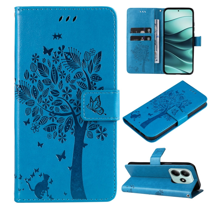 Funda de cuero con tapa para teléfono con estampado en relieve de árbol y gato, For Redmi A5 4G 173.3mm, For Redmi Note 14S 4G / Note 13 Pro 4G, For Redmi K80 / K80 Pro, For Redmi Note 14 4G Global 163.25mm, For Redmi Note 14 5G                        ...