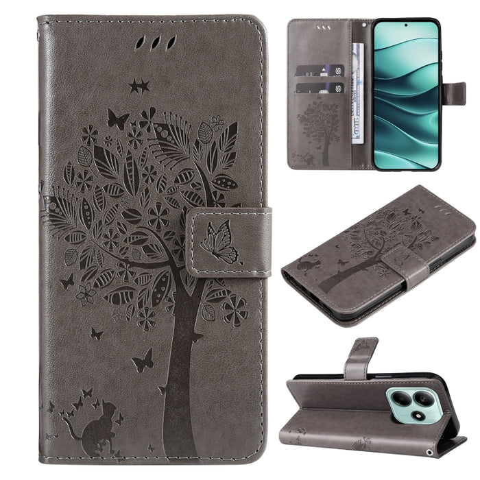 Funda de cuero con tapa para teléfono con estampado en relieve de árbol y gato, For Redmi A5 4G 173.3mm, For Redmi Note 14S 4G / Note 13 Pro 4G, For Redmi K80 / K80 Pro, For Redmi Note 14 4G Global 163.25mm, For Redmi Note 14 5G                        ...