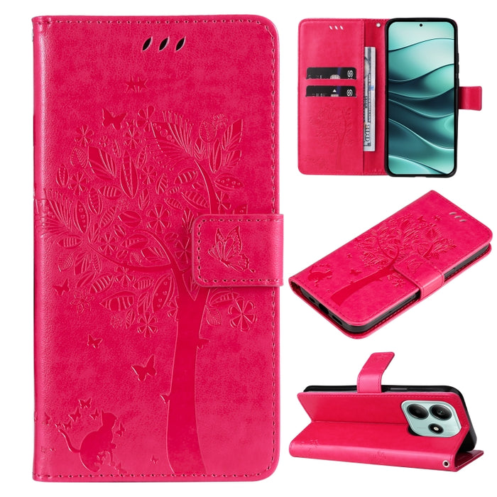 Funda de cuero con tapa para teléfono con estampado en relieve de árbol y gato, For Redmi A5 4G 173.3mm, For Redmi Note 14S 4G / Note 13 Pro 4G, For Redmi K80 / K80 Pro, For Redmi Note 14 4G Global 163.25mm, For Redmi Note 14 5G                        ...