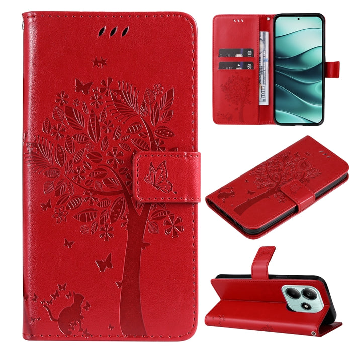 Funda de cuero con tapa para teléfono con estampado en relieve de árbol y gato, For Redmi A5 4G 173.3mm, For Redmi Note 14S 4G / Note 13 Pro 4G, For Redmi K80 / K80 Pro, For Redmi Note 14 4G Global 163.25mm, For Redmi Note 14 5G                        ...