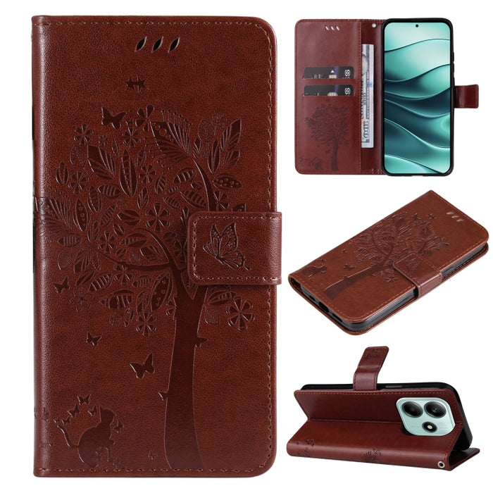 Funda de cuero con tapa para teléfono con estampado en relieve de árbol y gato, For Redmi A5 4G 173.3mm, For Redmi Note 14S 4G / Note 13 Pro 4G, For Redmi K80 / K80 Pro, For Redmi Note 14 4G Global 163.25mm, For Redmi Note 14 5G                        ...