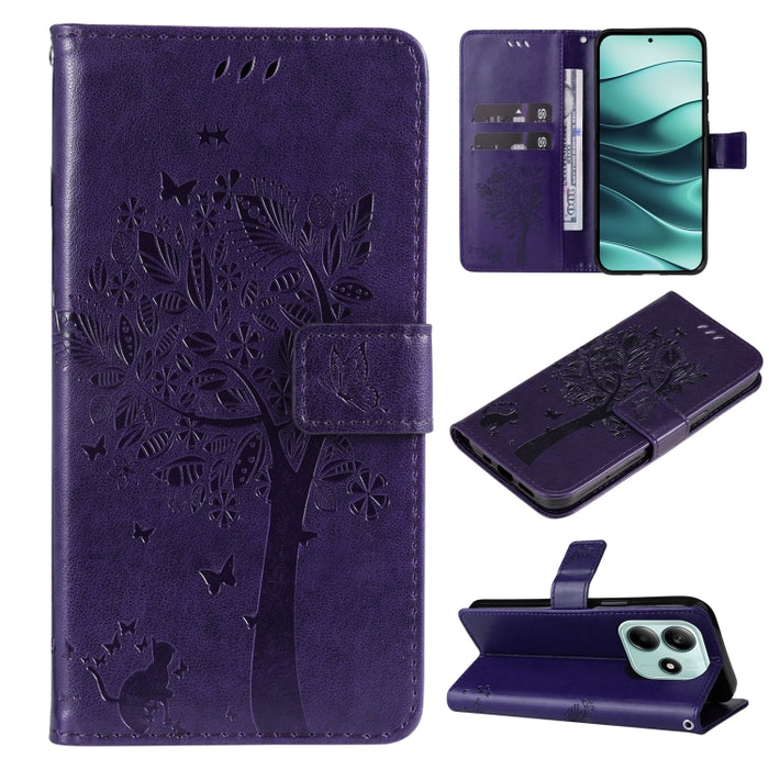 Funda de cuero con tapa para teléfono con estampado en relieve de árbol y gato, For Redmi A5 4G 173.3mm, For Redmi Note 14S 4G / Note 13 Pro 4G, For Redmi K80 / K80 Pro, For Redmi Note 14 4G Global 163.25mm, For Redmi Note 14 5G                        ...