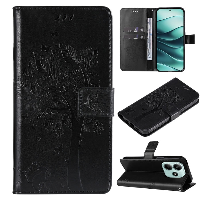 Funda de cuero con tapa para teléfono con estampado en relieve de árbol y gato, For Redmi A5 4G 173.3mm, For Redmi Note 14S 4G / Note 13 Pro 4G, For Redmi K80 / K80 Pro, For Redmi Note 14 4G Global 163.25mm, For Redmi Note 14 5G                        ...