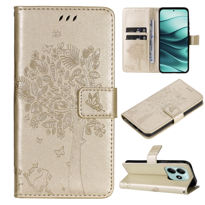Funda de cuero con tapa para teléfono con estampado en relieve de árbol y gato, For Redmi A5 4G 173.3mm, For Redmi Note 14S 4G / Note 13 Pro 4G, For Redmi K80 / K80 Pro, For Redmi Note 14 4G Global 163.25mm, For Redmi Note 14 5G                        ...
